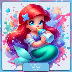 Baby Ariel Aquarell Splash, Clipart-Bilder, Grafiken und Kunstwerke, Regenbogenästhetik, PNG süße kleine Prinzessinnenbilder