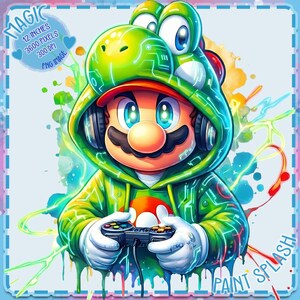 Op de afbeelding: Digitale illustratie van Mario met een groene Yoshi-hoodie en koptelefoon, die een gamecontroller vasthoudt. De afbeelding heeft een verfeffect met de tekst "MAGIC" en "PAINT SPLASH". De afbeelding is 30.48 cm.