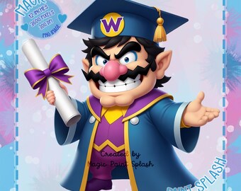 Wario Graduation Watercolor Clipart: Rainbow Gaming PNG (Digital Download)
