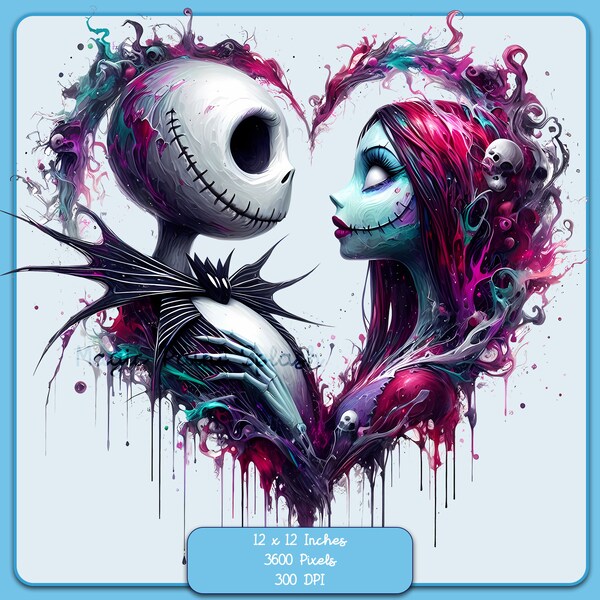 Jack and Sally Watercolor Splash, Clipart Images, Graphics and Artwork, Rainbow Aesthetic, PNG Christmas Nightmare Images