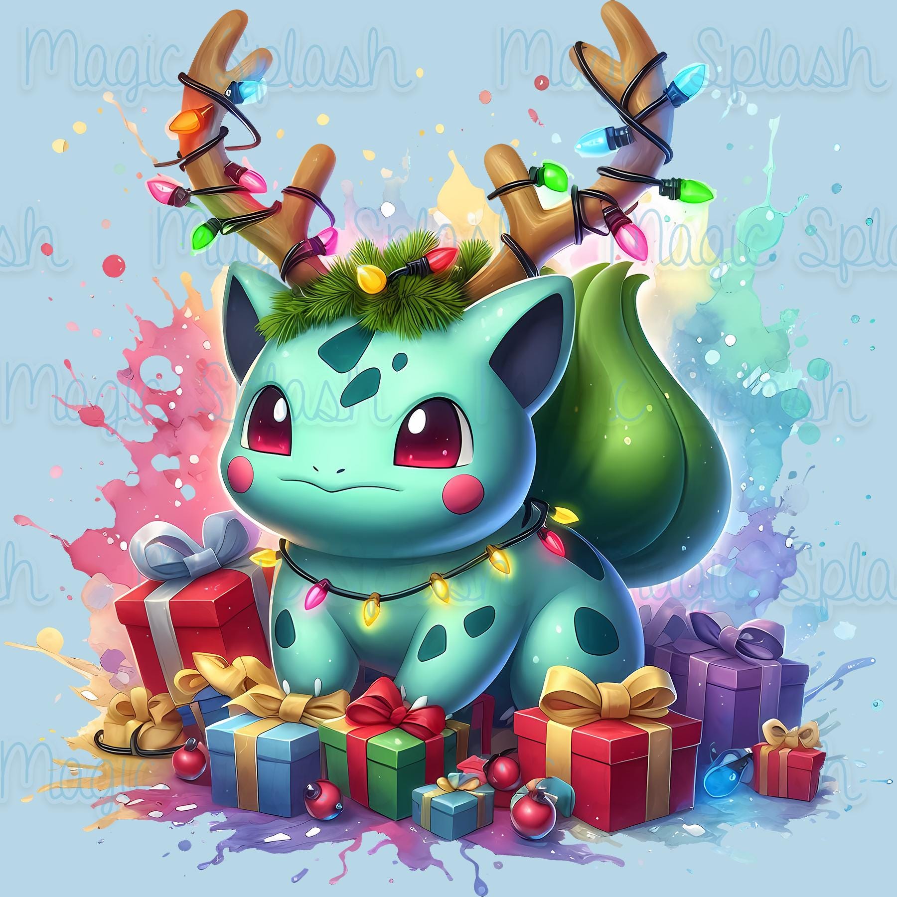 クリスマスのフシギダネの水彩画PNG、レインボーポケモンのクリップ