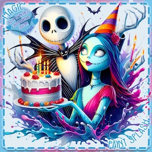 Jack y Sally cumpleaños acuarela salpicadura, imágenes prediseñadas, gráficos y obras de arte, estética del arco iris, imágenes de pesadilla de Navidad PNG