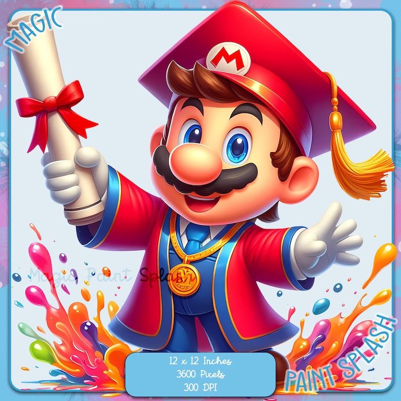 Mario Abschlussfeier Clipart: Rainbow Splash PNG (Digitaler Download) Bild 1