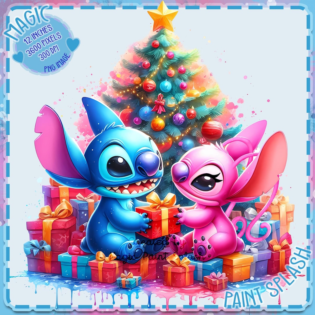 スティッチと天使のクリスマス PNG: 水彩クリップアート画像 (デジタル