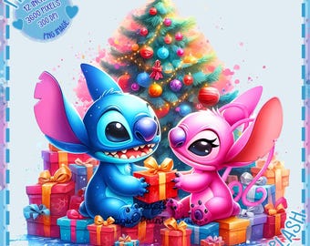 スティッチと天使のクリスマス PNG: 水彩クリップアート画像 (デジタル