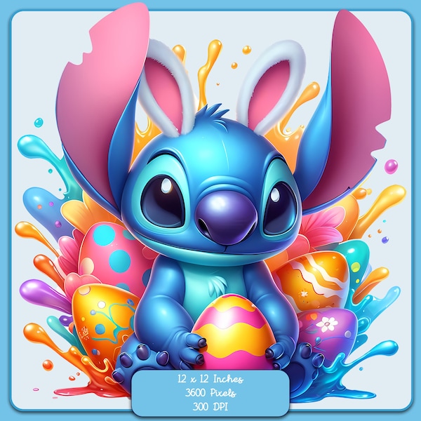 Stitch Bunny Ears Watercolor Splash, Clipart Images, Graphics and Artwork, Rainbow Aesthetic, PNG Cute Spring Images