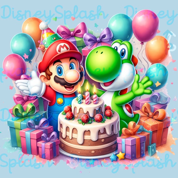 マリオ＆ヨッシーの誕生日クリップアート：水彩PNG画像（デジタル