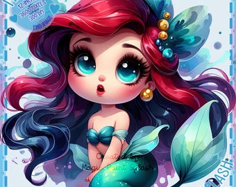 Chibi Mermaid PNG Clipart, Cute Ocean Girl Digital Art for Sublimation, Kawaii Printable Mermaid for Kids Decor, Stickers & Crafts