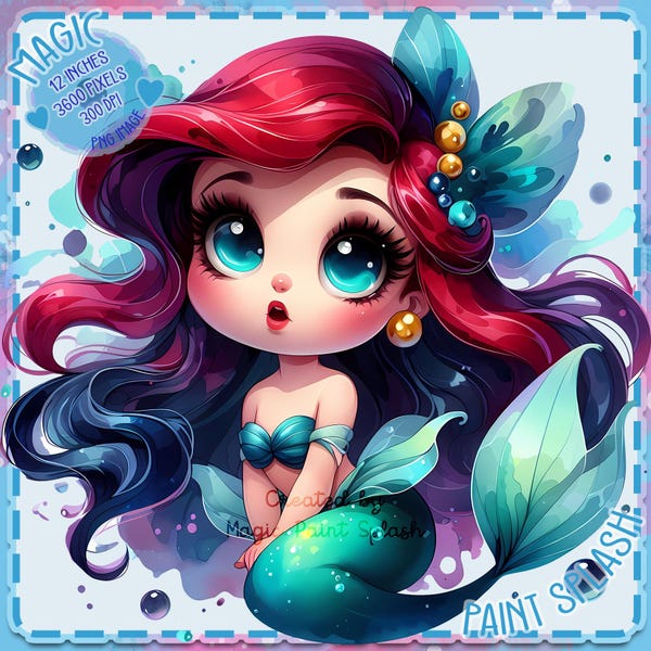 Chibi Mermaid PNG Clipart, Cute Ocean Girl Digital Art for Sublimation, Kawaii Printable Mermaid for Kids Decor, Stickers & Crafts