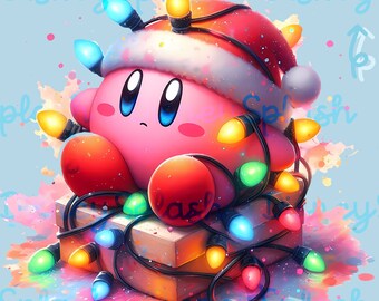 カービーのクリスマスライト PNG：水彩画のホリデークリップアート
