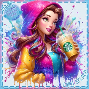 Belle in Hoodie w / Coffee Watercolor Splash, Clipart-Bilder, Grafiken und Kunstwerke, Regenbogenästhetik, PNG süße Prinzessin Bilder