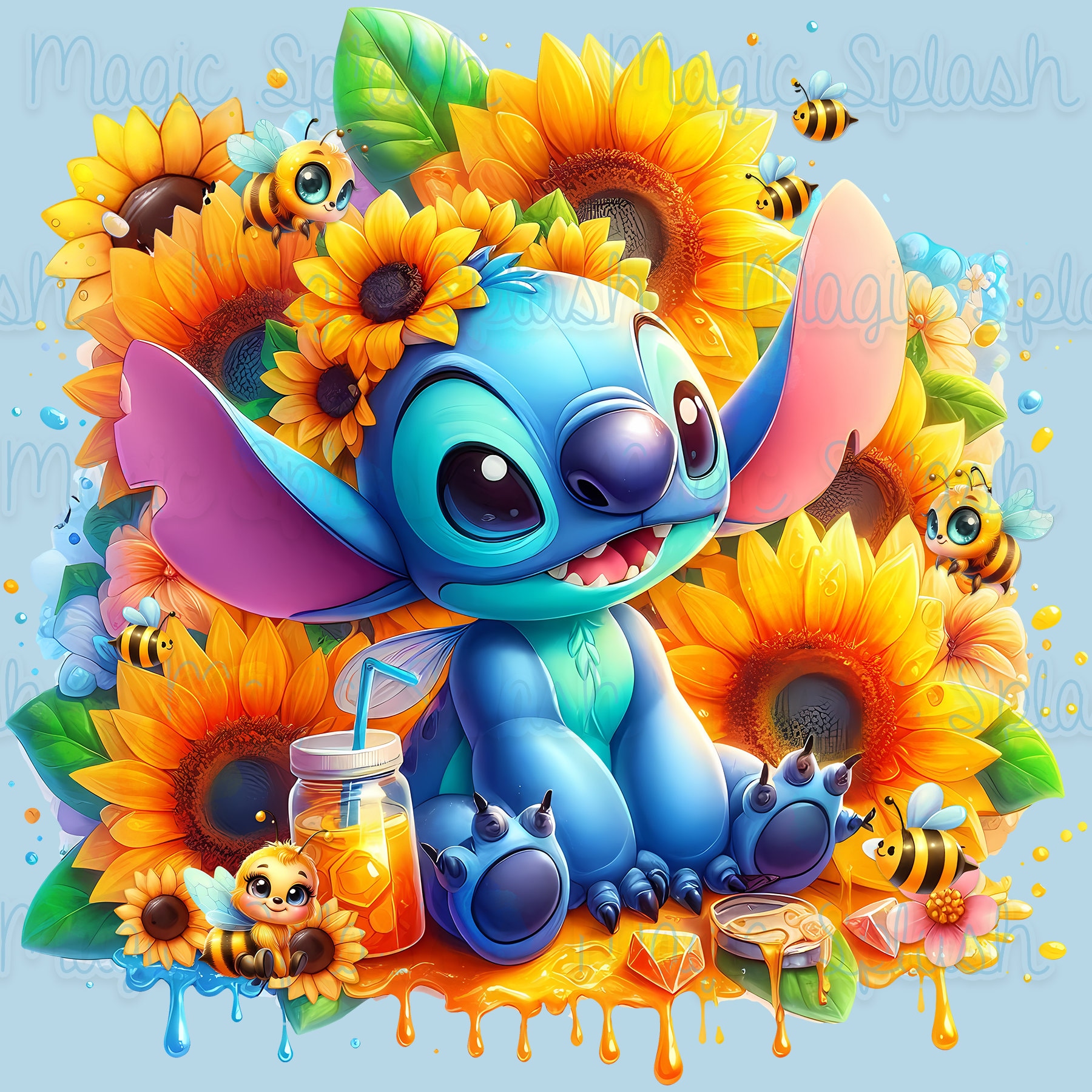 スティッチひまわり水彩スプラッシュクリップアート：レインボーPNG