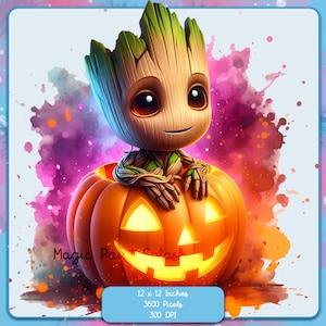 Könnte beinhalten: Eine digitale Illustration eines grünen, braunen und roten Charakters aus dem Film Guardians of the Galaxy, Groot, der in einem leuchtend orangefarbenen Kürbis sitzt. Der Hintergrund ist im Aquarellstil in Lila und Rosa mit orangefarbenen Spritzern gehalten. Das Bild ist 30,48 cm x 30,48 cm groß und hat 300 DPI.