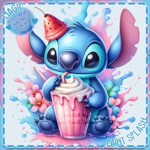 Pode incluir: Ilustração digital de um personagem de desenho animado azul usando um chapéu de melancia, segurando um milkshake rosa. O personagem é cercado por respingos de tinta coloridos e flores. O texto inclui "MAGIC", "12 x 12 polegadas", "3600 pixels", "300 DPI", "PNG IMAGE", "Created by Magic Print Splash" e "PAINT SPLASH".
