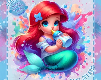 Baby Ariel Watercolor Clipart, Mermaid Princess PNG (Digital Download)