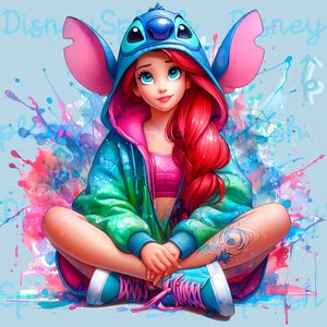 May include: Illustration of a young woman with long red hair, wearing a Stitch-themed hoodie and pink crop top. She is sitting cross-legged, with blue sneakers and a tattoo on her leg. The background features colorful paint splatters and the word "Disney".