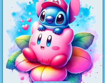 Stitch and Kirby Watercolor Splash, Clipart Images, Graphics and Artwork, Rainbow Aesthetic, PNG Cute Character Images