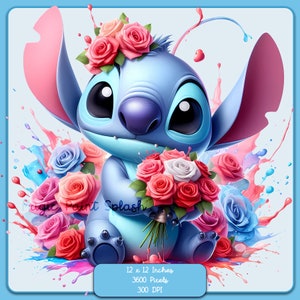 May include: A blue cartoon character with large ears, holding a bouquet of pink and white roses. The character is wearing a crown of pink roses and is surrounded by colorful paint splatters. The image is 12 inches by 12 inches, 3600 pixels, and 300 DPI.