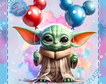 Grogu met ballonnen clipart, aquarel splash (digitale png-download)