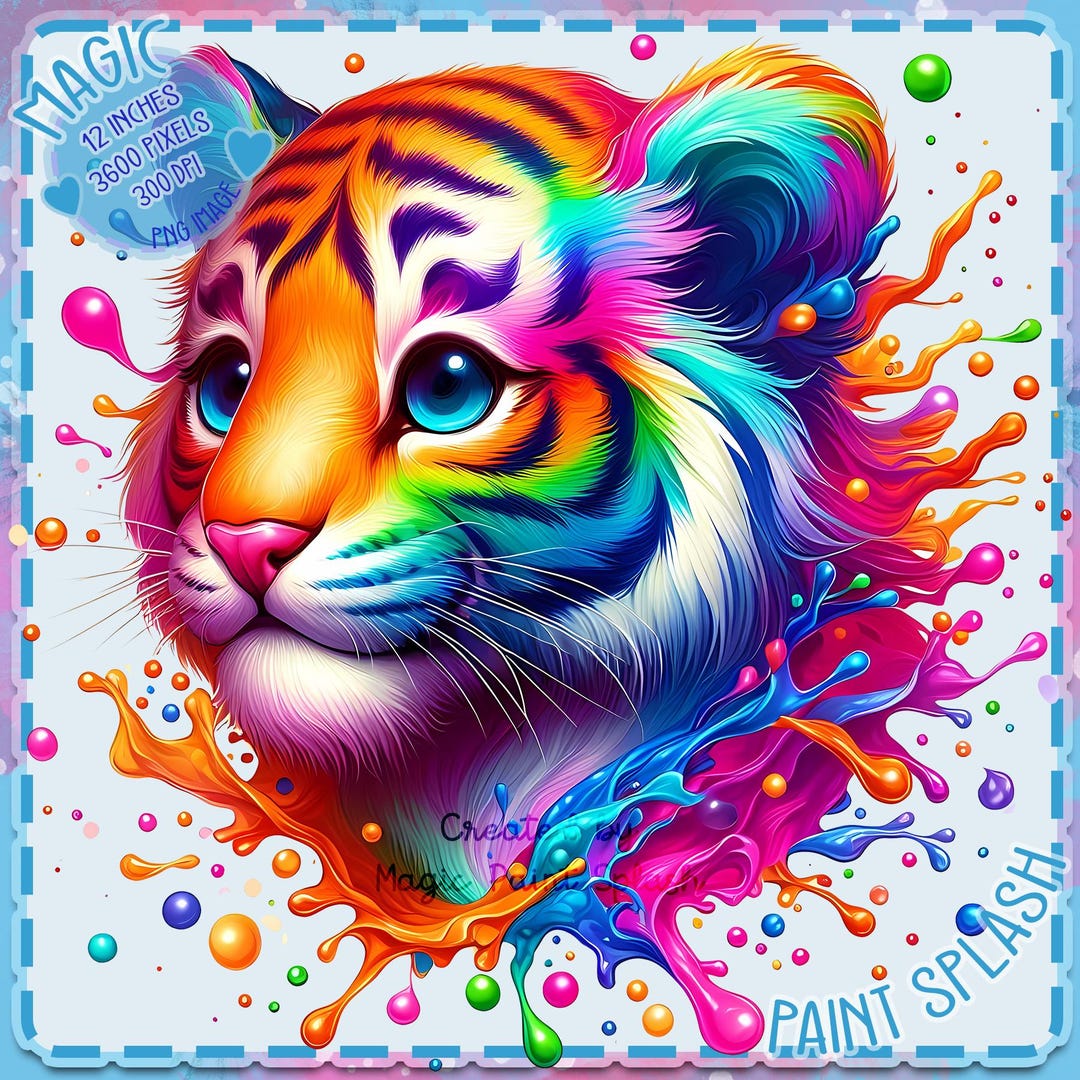 虹色の虎の子の水彩画クリップアート：スプラッシュPNG画像（デジタル