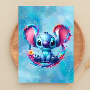 May include: A blue Stitch character from the Disney movie Lilo & Stitch, sitting inside a colorful paint splatter design. The background is a light blue watercolor wash.