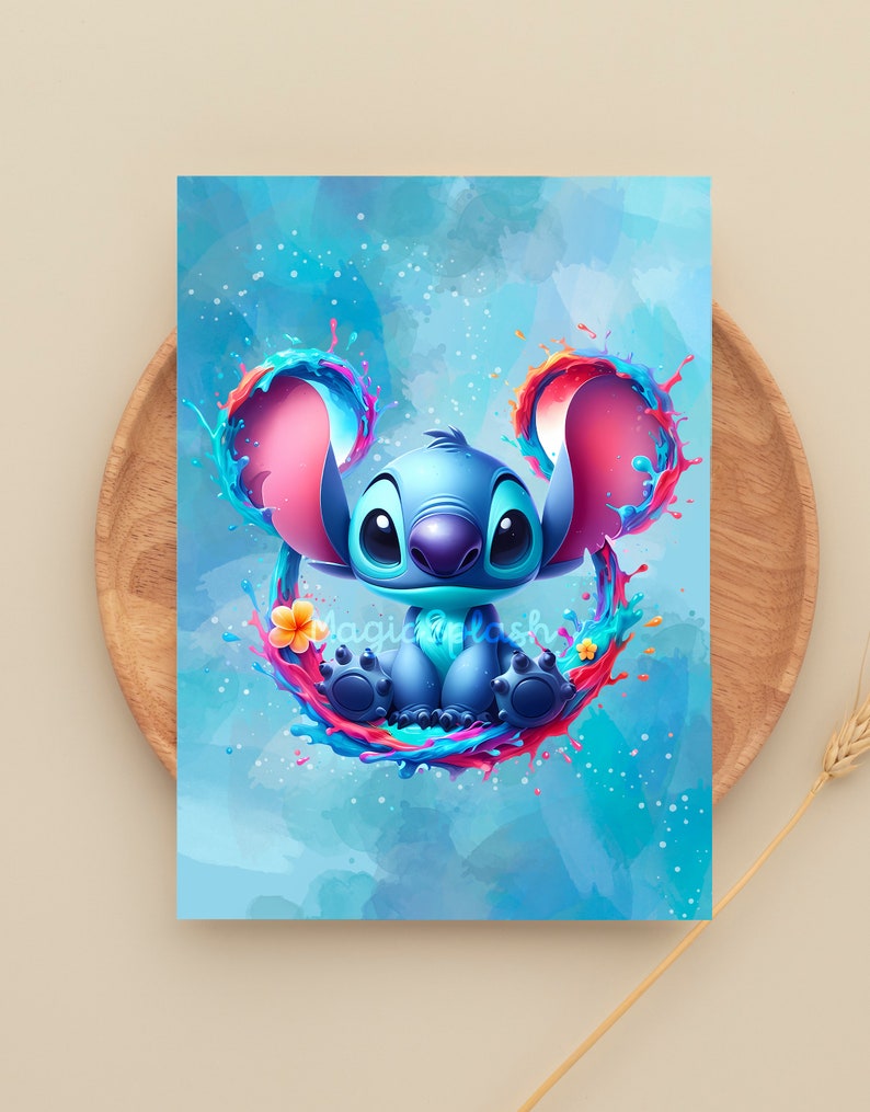 May include: A blue Stitch character from the Disney movie Lilo & Stitch, sitting inside a colorful paint splatter design. The background is a light blue watercolor wash.