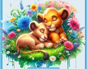 Clipart de acuarela de Simba y Nala: El Rey León bebé PNG (Descarga digital)