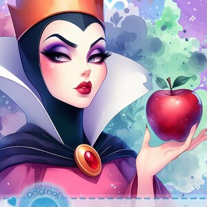 Puede incluir: Ilustraci&oacute;n digital de una mujer con corona dorada y capa negra, sosteniendo una manzana roja. La imagen tiene un efecto acuarela con un fondo pastel. El texto en la imagen dice "Original Magic Paint Splash Designer".