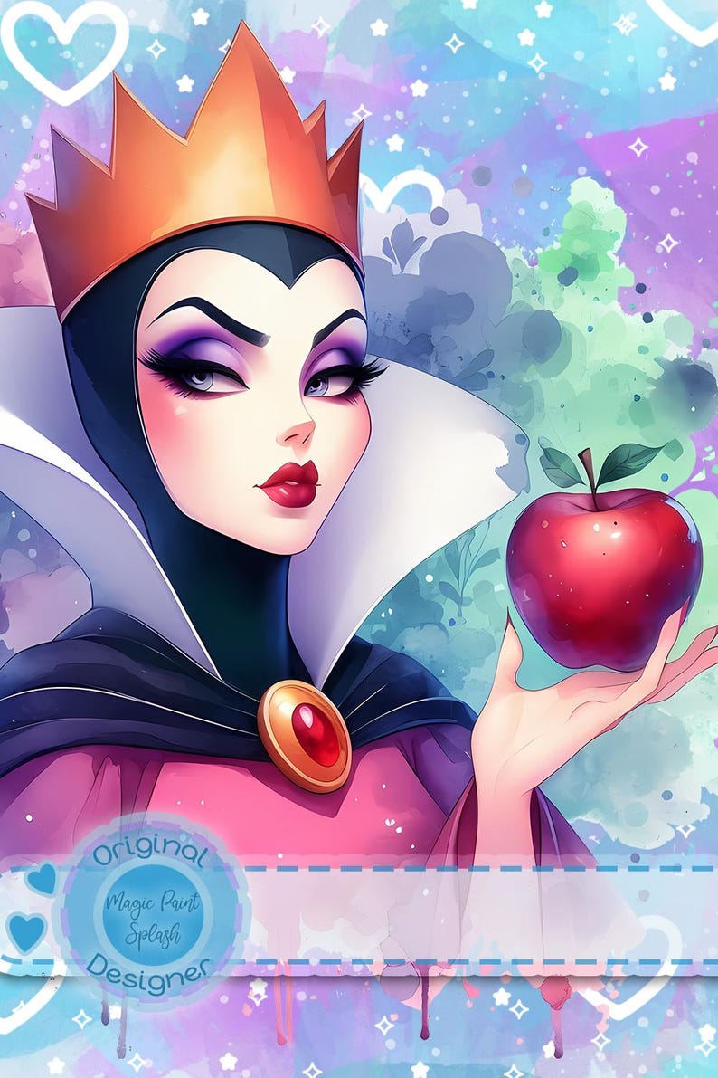 Puede incluir: Ilustraci&oacute;n digital de una mujer con corona dorada y capa negra, sosteniendo una manzana roja. La imagen tiene un efecto acuarela con un fondo pastel. El texto en la imagen dice "Original Magic Paint Splash Designer".