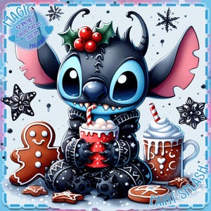 May include: A blue and black Stitch character wearing a black and white sweater with a red and white striped straw in its mouth, holding a red mug with white whipped cream and a red holly berry on its head. The character is sitting on a white background with gingerbread cookies and snowflakes.