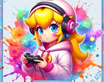 May include: A digital illustration of a princess character wearing a pink hoodie, headphones, and a crown. She is holding a video game controller and is surrounded by colorful paint splatters. The text "MAGIC PAINT SPLASH" is visible in the bottom right corner of the image.