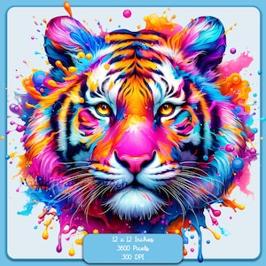 Puede incluir: Una pintura abstracta colorida de la cara de un tigre con salpicaduras de pintura en tonos de rosa, azul, amarillo y verde. La cara del tigre está enfocada, y el fondo está desenfocado. La imagen es de 12 x 12 pulgadas, 3600 píxeles y 300 DPI.