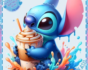 Stitch Frappe Watercolor PNG, Character Art (Digital Download)