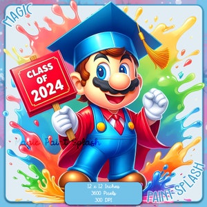 Clipart aquarelle de remise des diplômes de la promotion 2024 de Mario, images clipart, graphiques et oeuvres d'art, esthétique arc-en-ciel, images de jeu PNG