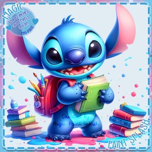 Salpicadura de acuarela de regreso a la escuela de Stitch, imágenes prediseñadas, gráficos y obras de arte, estética de arcoíris, lindas imágenes PNG de Stitch