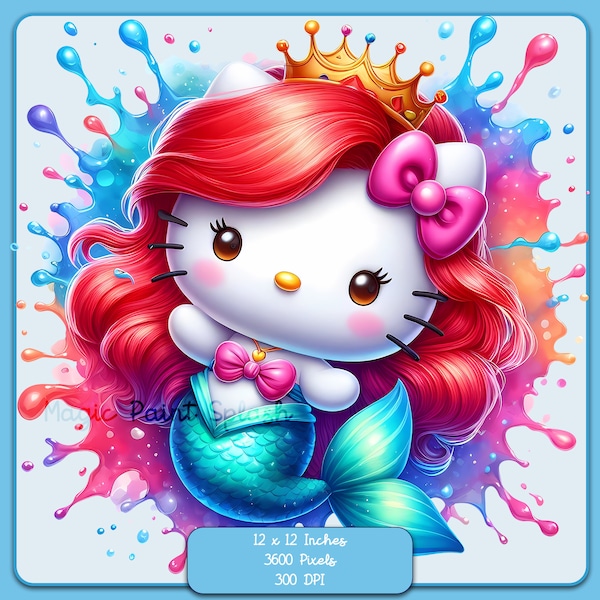 Kawaii Kitty Ariel Watercolor Splash, Clipart Images, Graphics and Artwork, Rainbow Aesthetic, PNG Cute Kitten Princess Hello Images