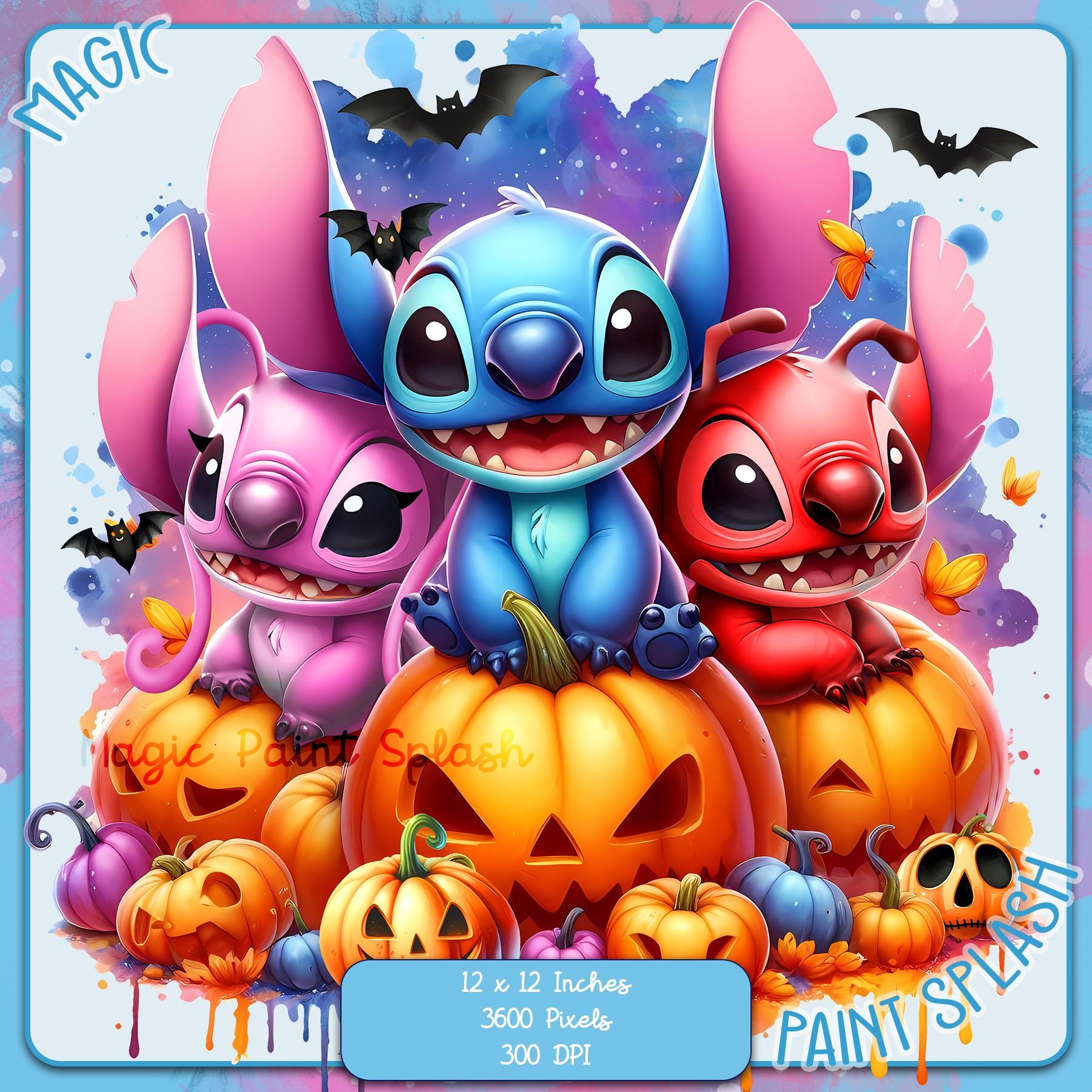 スティッチ、リロイ、エンジェルのハロウィーン水彩スプラッシュ