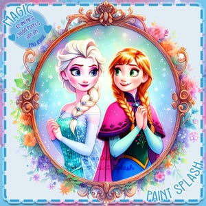 Può includere: Un'illustrazione digitale di due ragazze dei cartoni animati, Elsa e Anna del film Frozen, in piedi una accanto all'altra in una cornice dorata ornata. Elsa indossa un vestito blu e verde con un mantello bianco. Anna indossa un vestito rosa e verde con un mantello marrone. Lo sfondo è un acquerello blu chiaro con fiocchi di neve bianchi.