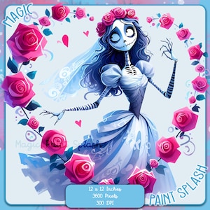 May include: A digital illustration of a skeleton bride wearing a blue wedding dress and a floral crown. She is surrounded by pink roses and the words "Magic Paint Splash" are visible in the bottom left corner. The image is 12 inches by 12 inches and has a resolution of 3600 pixels at 300 DPI.