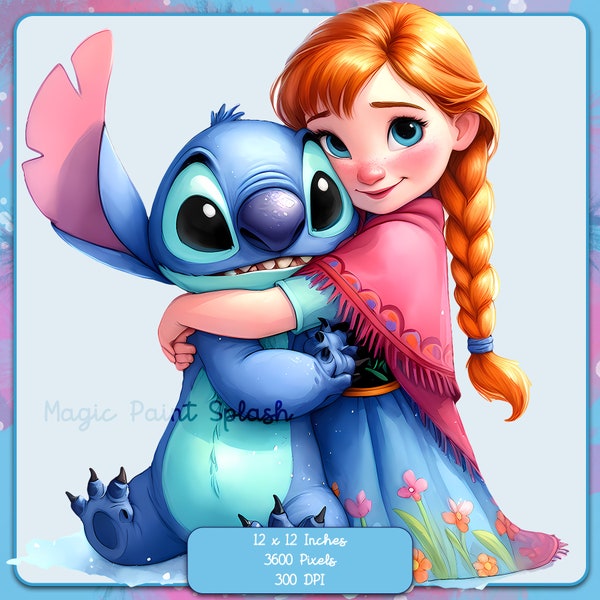 Little Anna and Stitch Hug PNG, Clipart Images, Graphics and Artwork, Rainbow Aesthetic, PNG Cute Little Princess Images