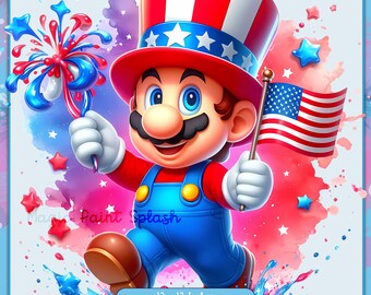 Mario 4 juli Clipart: Akvarellstänk PNG-bild (digital nedladdning)