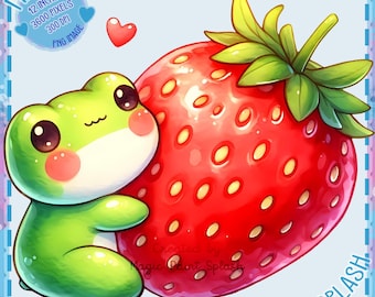 Kawaii Frog Hugging Strawberry PNG: Watercolor Clipart (Digital Download)