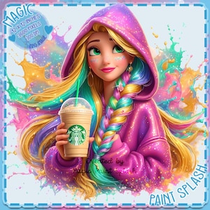 Raiponce en sweat à capuche avec éclaboussures aquarelle café, Images clipart, graphiques et oeuvres d'art, esthétique arc-en-ciel, Images de princesse mignonnes PNG