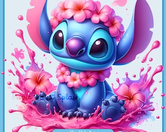 Stitch Floral w/ Pink Lei Watercolor Splash, Clipart Images, Graphics and Artwork, Rainbow Aesthetic, PNG Cute Stitch Images