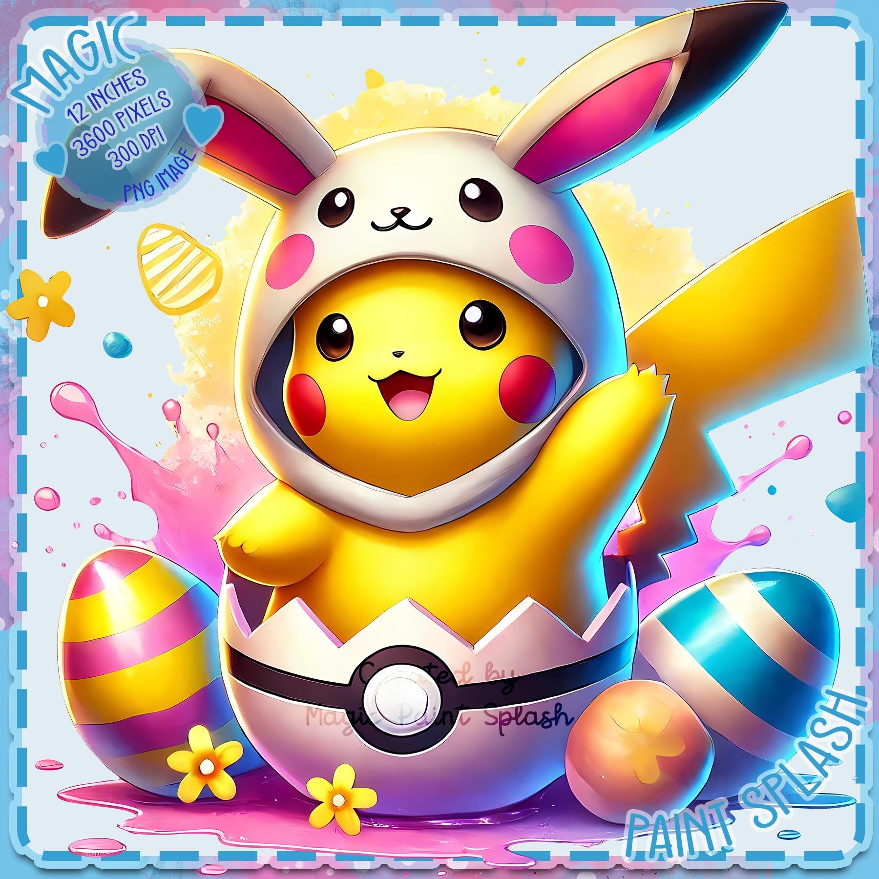Pikachu Easter Egg PNG: Watercolor Splash Clipart (digital