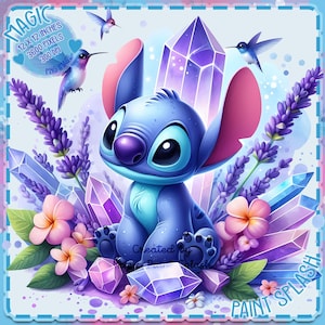 Stitch bloemen met lavendel aquarel splash, clipartafbeeldingen, graphics en artwork, esthetische regenboog, png-afbeelding