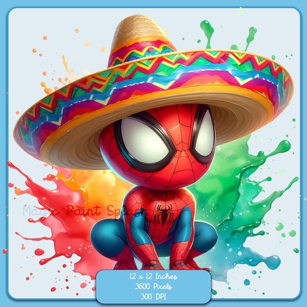Cute Spidey Cinco de Mayo Watercolor Splash, Clipart Images, Graphics and Artwork, Rainbow Aesthetic, PNG Superhero Movie Images