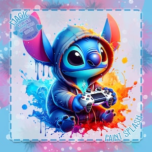 Clipart de Stitch Gamer, PNG con salpicaduras de acuarela (descarga digital)