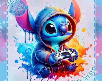 Stitch Gamer Clipart, Aquarell Splash PNG (digitaler Download)