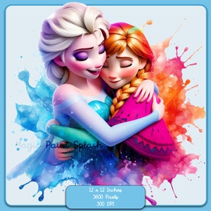 Images clipart aquarelle avec éclaboussures d'Anna et Elsa, graphismes et oeuvres d'art, esthétique arc-en-ciel, images de la Reine des neiges PNG